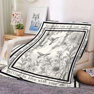TEMU 꽃과 새 테마 플란넬 담요 - 부드럽고 가벼우며 따뜻한 사계절용 - 침대, 소파, 사무실, 캠핑, 여행에 완벽한 다목적 선물 아이디어, 베드스프레드, 커플 담요, 장식용 담요