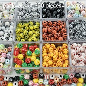 TEMU 350개입 12가지 다양한 스타일 - 8mm 내구성 아크릴 비즈, 스타일, 원형 모양, 주얼리 제작에 적합, 야구, 농구, 축구, 배구, 팔찌, 목걸이, 키링 등 공예품 포함