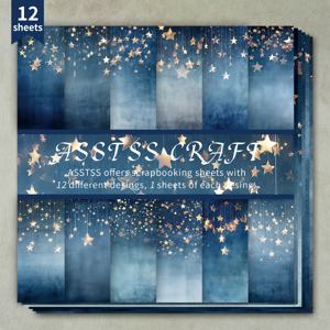 TEMU 12장 스크랩북용 종이 패드, 블루 판타지 스타 백킹 페이퍼, 두꺼운 카드스톡 - 불릿 저널링, 콜라주 아트, 인사말 카드, 스크랩북 & 공예용, 6