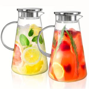 TEMU 2개 세트 2L/68oz 뚜껑 포함 유리 피처, 손잡이가 있는 세척이 쉬운 내열 유리 피처, 냉온 음료용 - 물, 콜드브루 커피, 아이스티, 주스