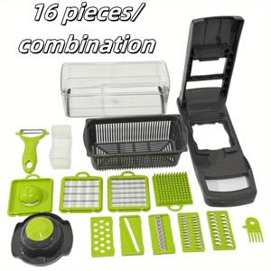 TEMU 야채 다지기 16-in-1 1세트, 다기능 과일 슬라이서, 수동 식품 강판, 야채 슬라이서, 칼과 용기, 양파 다지기, 여러 개의 교체용 칼날 포함, 가정용 감자 다지기, 주방 용품, 주방 도구