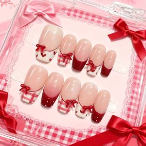 TEMU 10개입 핸드메이드 프레스온 네일 레드 & 핑크 체크무늬 3D 리본 & 하트 - 발레 쉐입 미디엄 길이 광택 네일 아트, 손발용, 데일리, 파티, 웨딩, 프롬 - 10개입