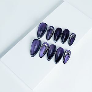 TEMU 10개입 수제 탈부착 네일 스티커, 보라색 고양이 눈 장식 디자인, 아몬드 모양 네일 팁 4가지 사이즈로 제공, 집, 데일리, 야외 스포츠 및 여행에 적합