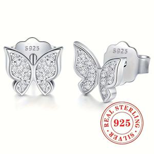 TEMU S925 스테인리스 실버 파브 세트 스파클링 합성 지르코니아 나비 스터드 귀걸이 여성용, 데일리 캐주얼 또는 파티에 완벽, 귀여운 동물 귀걸이 (상자 미포함)