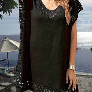 TEMU 여성용 루즈핏 V넥 홀아웃 패치워크 원피스, 해변 휴가에 완벽