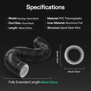 TEMU 1개 4인치 10피트, 유연한 공기 환기 파이프, 건조기 호스 클램프 2개 포함, 의류 건조기 그로우 텐트 배기 팬용 유연한 알루미늄 PVC 절연 파이프, 헤비 듀티 다층 건조기 환기 호스 환기 키트, 덕트 팬 시스템