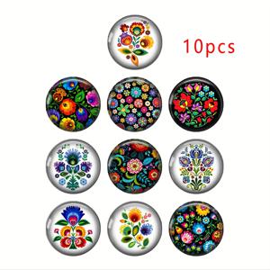 TEMU OMGALA 폴란드 민속 예술 유리 카보숑 10개 - 라운드 플로럴 프린트 플랫 백 주얼리 메이킹 파츠 및 액세서리, 20mm/25mm 믹스