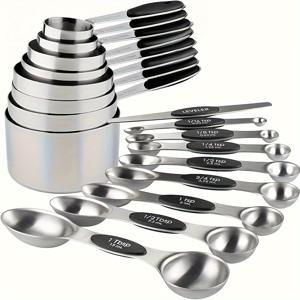 TEMU 17개 스테인리스 스틸 계량컵 및 스푼 세트, 컬러 실리콘 손잡이 포함, 8개 쌓을 수 있는 컵, 8개 양쪽 끝 자석 스푼, 1개 스트레이트너, 건조 및 액상 재료, 베이킹 도구, 주방 액세서리