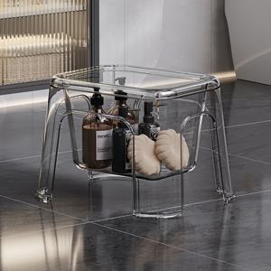 TEMU 휴대용 투명 PET 신발 교환 스툴 뚜껑 수납 박스 낮은 스툴 샤워 의자 메이크업 정리함. 홈, 침실, 거실, 사무실 화장품, 제품, 장난감, 학용품 수납에 완벽한 욕실 장식 액세서리