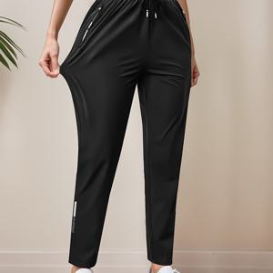 TEMU 여성용 고탄력 아이스 슬리키 파이버 팬츠, 빠른 건조 지퍼 포켓 & 조절 가능한 드로스트링 허리 - 가벼운 미드라이즈 캐주얼 바지, 봄/가을 아웃도어용, 수분 흡수 원단, 레그 디자인, 통기성 소재, 하의