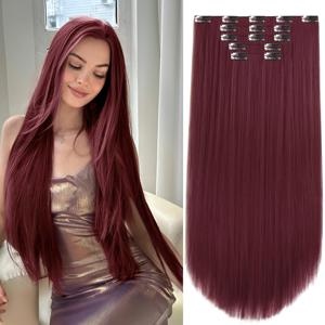 TEMU 버건디 클립인 익스텐션 22인치 긴 투명한 두꺼운 합성 가발 클립온 헤어피스 5개 부드럽고 엉킴 방지 여성용 웨딩 데일리 헤어피스