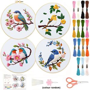 TEMU 4개 플로럴 및 새 테마 자수 재봉 공예 용품 수제 키트 - 플로럴 및 새 패턴 자수 십자수 아트 키트 - 프린트 자수 천 4개, 충분한 자수 실, 자수 후프 1개 포함