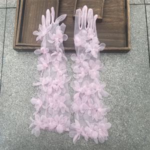 TEMU 웨딩, 포토 촬영 및 코스튬 파티용 긴 스트레치 네트 꽃잎 디자인의 펑키 3D 쉬어 장갑 한 쌍 - 보라색, 핑크, 버건디, 라벤더 색상에서 손세탁만 가능