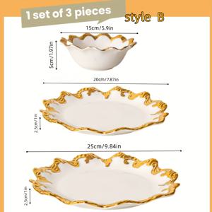 TEMU 3개 1세트 식기 세트. 고급스러운 골드 엣지 디자인, 디너 플레이트, 디저트 플레이트, 샐러드 볼 포함. 3가지 사이즈의 식기 세트 플레이트 및 볼 조합, 식기세척기 및 전자레인지 사용에 적합. 플레이트 및 파스타 볼