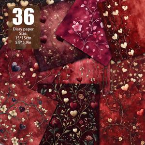 TEMU 36장 빨간색 배경 하트 패턴 스크랩북 용지, 장식 용지, 재료 용지, 빈티지 다이어리, 카드, 기념 앨범, 선물 포장, 정크 저널, 수제 배경 장식 및 카드 매트 제작에 적합