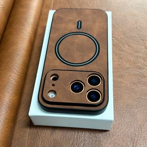 TEMU 휴대폰 케이스 - 아이폰 17 16 15 14 13 12 11 Pro Max Air용 고급 마그네틱 무선 충전 휴대폰 케이스, 비즈니스 스타일 레트로 인조 양피革 소프트 범퍼 카메라 보호 충격 방지 커버