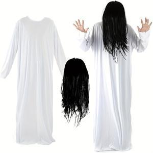 TEMU 여성 유령용 흰색 로브 및 검은색 가발 코스튬 - 150Cm 흰색 긴 로브 및 75Cm 검은색 가발 세트, 유령 의상, 중국 여성 유령 코스튬 소품, 할로윈, 무덤의 날, 마스커레이드 발, 코스프레 파티에 적합