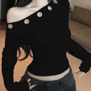 TEMU 여성용 미국 스타일 오프숄더 티셔츠, 메탈 버클, 섹시한 디자인 슬림핏 탑