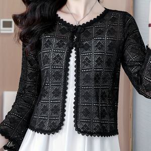 TEMU 여성용 블랙 홀로우 가디건, 중국풍 버클이 달린 우아하고 편안한 활용도 높은 코트, 여성 코트, 성인 의류