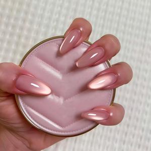 TEMU 10개입 아몬드형 반짝이는 프레스온 네일 - 핑크 광택 인조네일 (젤 글루 & 파일 포함) - 재사용 가능한 미디엄 길이 아몬드네일, 선물, 웨딩, 파티, 데일리웨어용 - 간편한 착용 및 제거