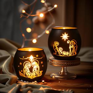 TEMU 2개 세트 성탄절 유리 캔들 홀더, 기독교 장식, 클래식 스타일 홈 파티 장식, 성탄 장면, 크리스마스, 추수감사절, 부활절, 새해 장식