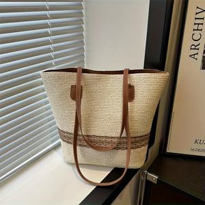 TEMU 여성용 대형 우아한 직조 토트백 - 멀티 소재 패치워크 디자인, IC 잠금장치, 여행 및 일상 사용에 적합한 넉넉한 비치백 - 가벼운 종이 소재, 스트랩 - 카키/