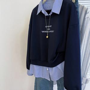 TEMU 신상 가을/겨울 여성용 아메리칸 스타일 셔츠 칼라 풀오버 긴팔 스웨트셔츠, 루즈한 2-in-1 룩 탑, 레이어링 스플라이스드 셔츠