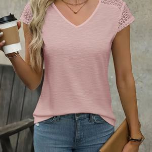 TEMU 우아한 여성 패션 V넥 레이스 패치워크 티셔츠