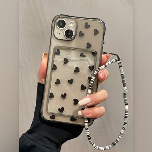 TEMU 아이폰 15/14/13/12/11/XS/XR/X/8/7/SE2/SE3/Plus/Pro Max용 블랙 스몰 러브 끈 달린 휴대폰 케이스 카드 홀더