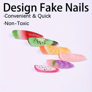 TEMU 수박, 딸기, 오렌지, 키위, 포도 프린트가 특징인 중간 길이의 아몬드 모양의 인조 손톱 24개 세트. 3D 글루 드롭 포함, 귀여운 만화 스타일 디자인, 여성을 위한 여름 선물로 완벽합니다.