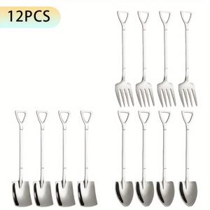 TEMU 12/18/24개입 - 창의적인 스테인리스 스틸 스패츌러 모양 스푼 및 포크 | 은색, 수박 및 귀여운 디저트 스푼, 가정, 디저트 가게, 레스토랑, 학교, 사무실, 휴일, 결혼식, 크리스마스 선물, 식기세척기 사용 가능, 6.1인치