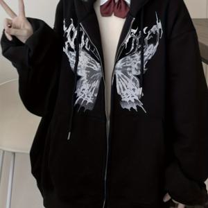 TEMU 여성 고딕 나비 프린트 플리스 안감 후드 지퍼 카디건 - 캐주얼 가을/겨울 스타일, 다크 브라운과 화이트 나비 디자인, 따뜻하고 세련된 추운 날씨용, 겨울 의류 | 고딕 스타일 | 따뜻함