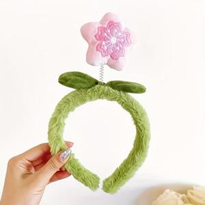 TEMU 여성을 위한 귀엽고 매력적인 복숭아꽃 플러시 헤어밴드 1개, 얼굴 세척을 위한 부드럽고 미끄럼 방지 헤어밴드