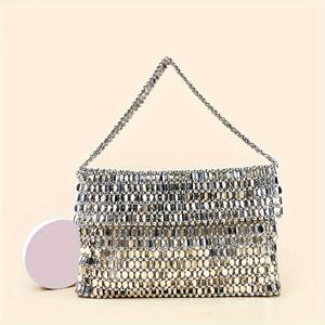 TEMU 새로운 완전 수제 핸드 위븐 가방, 패셔너블하고 빈티지한 은색 겨드랑이 가방, 클래식하고 우아한 스타일, 대용량 여성용 쇼핑백