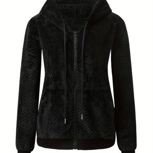 TEMU 지퍼 플러시 후드 자켓, 우아한 무드 컬러 따뜻한 드로스트링 긴팔 코트 여성용, 가을 겨울