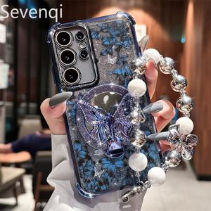 TEMU 휴대폰 케이스 - 삼성 S25, S24 Plus에 적합한 메이크업 거울 케이스 (새로운 나비 스탠드 포함), S23 Ultra 보호 커버, 고급스러운 느낌, Galaxy S25U 호환, 팔찌, 글리터, 꽃무늬 디자인