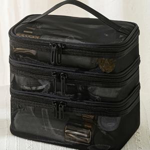 TEMU 대용량 3단 메이크업 가방, 휴대용 여행용 세면도구 가방 (일상 사무실 사용), 뷰티 도구 보관 가방, 통기성 여행용 메시 가방 ( 출장용)