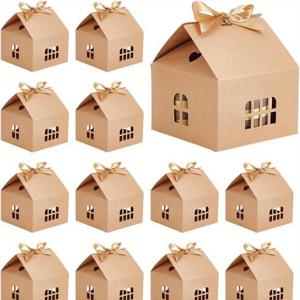 TEMU 12 세트 글로벌 트로터 하우스 모양 크래프트 종이 접이식 선물 상자, 빈 창과 리본이 있는 탄 12.5x12.5x13.5cm - 보석 디스플레이 및 포장에 이상적, 귀여운 보석 상자, 글로벌 트로터