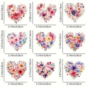 TEMU DIY 티셔츠, 베개, 의류용 세탁 가능하고 내구성 있는 PVC 꽃 스티커 9피스 수채화 하트 열전달 비닐 데칼 - 화려한 다색 디자인 (핑크, 레드, 블루, 퍼플, 오렌지, 옐로우, 그린) | 물감 데칼 | 세탁 가능한 전사