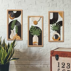TEMU 스타일 목재 벽 장식 세트 3개 - 꽃병, 식물 및 바나나 잎이 있는 중공 공예 그림, 홈 및 오피스 데코용, 깃털 없음, 배터리 필요 없음