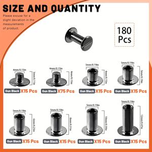 TEMU 가죽 리벳이 포함된 180개 검정 시카고 나사 세트 (다양한 크기), 허리 가방, 가방, 신발, 지갑 및 바인딩과 같은 가죽 공예 장식 및 수리를 위한 6가지 다양한 크기의 시카고 나사 (M5*4, 5, 6, 8, 10, 12)