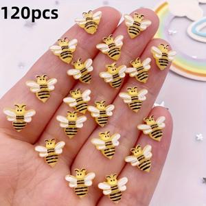 TEMU 수제 레진 미니 벌 네일 참 120개 - 귀여운 만화 스크랩북 및 공예 액세서리, 노란색과 검은색에 흰색 점, 쉬운 사용을 위한 납작한 뒷면, 공예 벌.