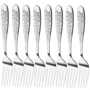 TEMU 8개 세트 스테인리스 스틸 포크 (7.95인치) 골드/실버 장식 핸들, 로즈 패턴 포크, 샐러드 포크, 스테이크 포크, 디저트 과일 포크, 재사용 가능, 가정/주방/레스토랑/호텔/다이닝용, 식기세척기 안전