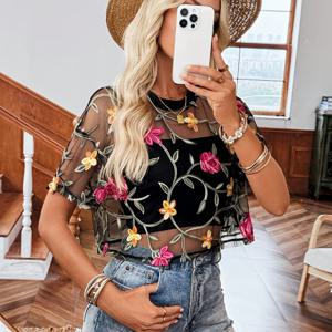 TEMU 여성용 컬러풀 플로럴 자수가 있는 블랙 시스루 메쉬 탑 - 봄 여름 가을용 우아한 반팔 크롭 셔츠, 캐주얼 또는 드레시 룩에 적합한 통기성 레이어링 피스