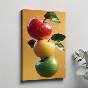 TEMU [2D 플랫] 1pc 전통 스타일 세 가지 색상 사과 캔버스 아트, 나무 프레임 - 11.81x17.72 인치, 생동감 있는 빨간색, 노란색 및 초록색 과일 장식, 거실 벽 장식에 완벽, 새해 선물 아이디어, 과일 장식, 크리스마스에 가장 적합, 방 장식에 완벽