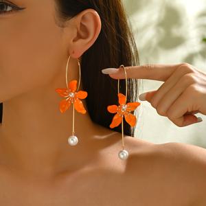 TEMU 여성을 위한 패셔너블하고 다용도로 사용 가능한 긴 후프 귀걸이 한 쌍, 펜던트가 달린 다섯 잎 꽃 디자인