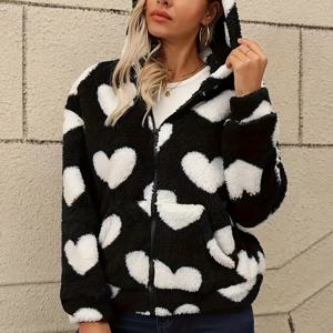 TEMU 프린트 양면 플리스 포켓 집업 후드 캐주얼 여성용 가을/겨울 스타일리시 플러시 재킷