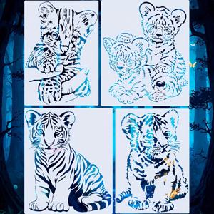 TEMU 동물 아기, 작은 호랑이 4가지 드로잉 템플릿, 벽걸이 액자, 일러스트, 예술 창작 재료, 스크랩북, 손으로 그린 신문, 공예, 책갈피, 다이어리, 손으로 그린 플라이어, 홈웨어 제작에 적합