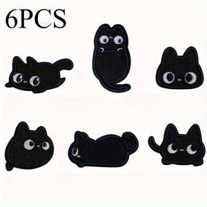 TEMU 검정색 만화 자수 열전사 패치 6개 세트, 이음매 없는 패브릭 스티커, 의류 수선에 적합 - 청바지, 스웨터, 재킷에 적합