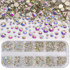 TEMU 2000개/박스 유럽&미국 스타일 라인스톤 네일 장식 대소 혼합 DIY 플랫 바텀 드릴 투명 AB 컬러 네일 드릴 세트